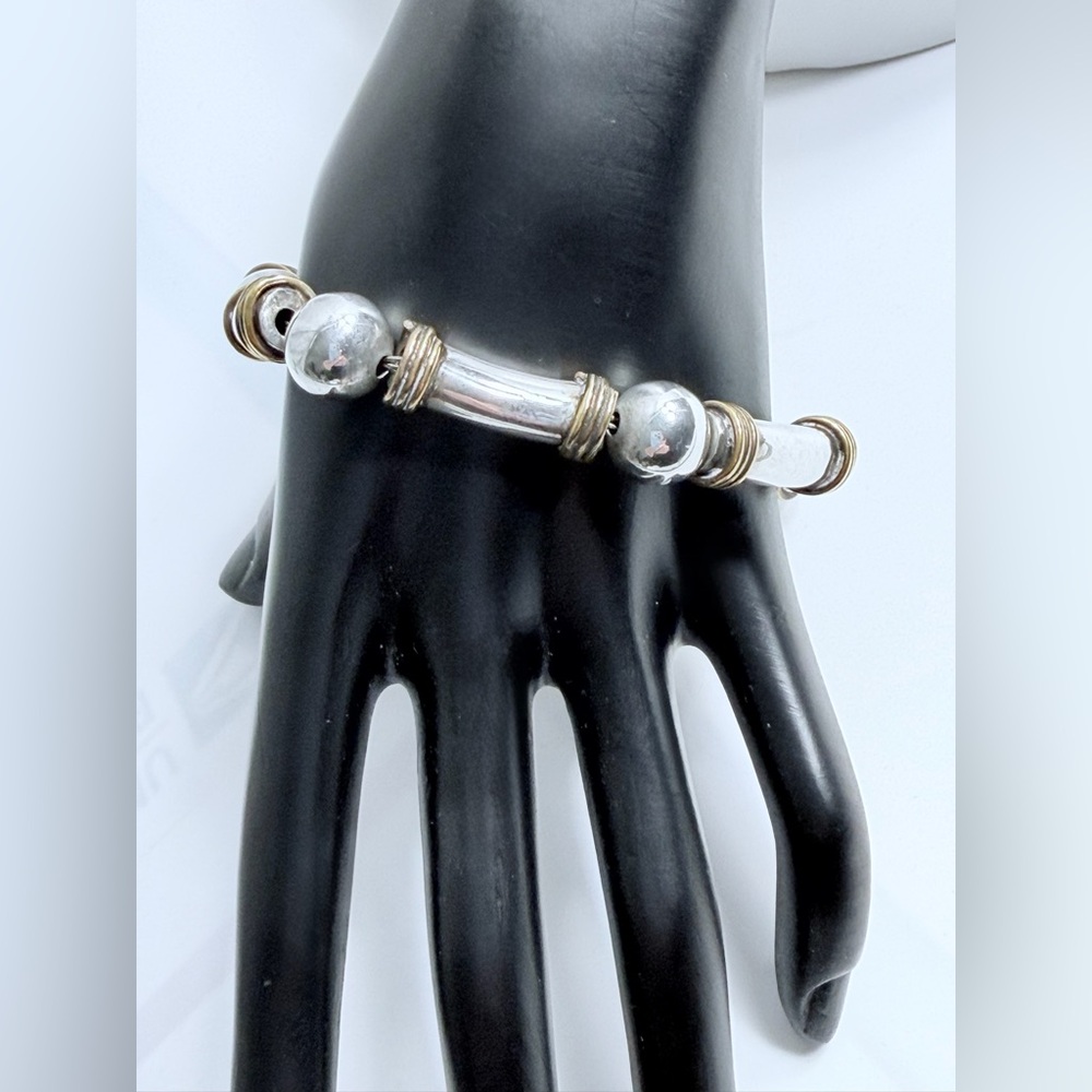 Vintage Unique Heavy Sterling Silver Ball & Tube w/Brass Wrapped Trim Bracelet - Picture 5 of 16